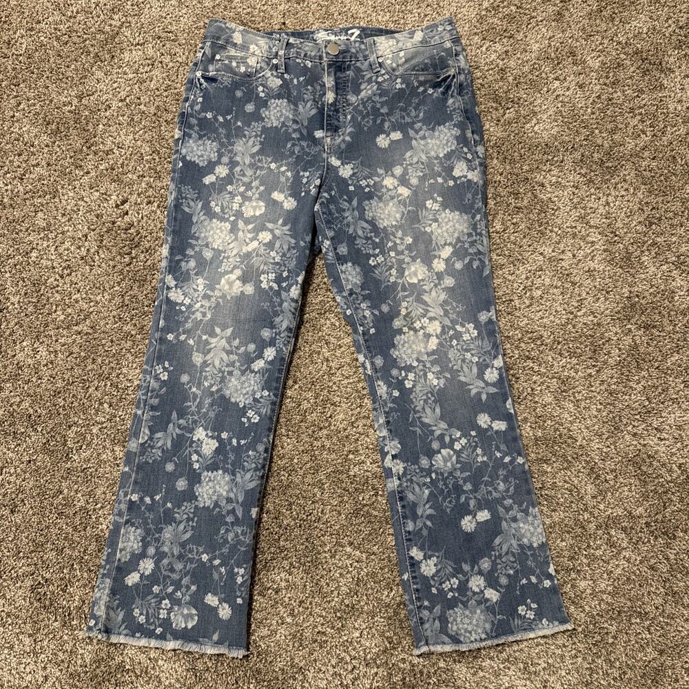 Seven7 Kick Flare Jeans 10 Cottage Prairie Floral Acid Wash Lightwash Frayed Hem